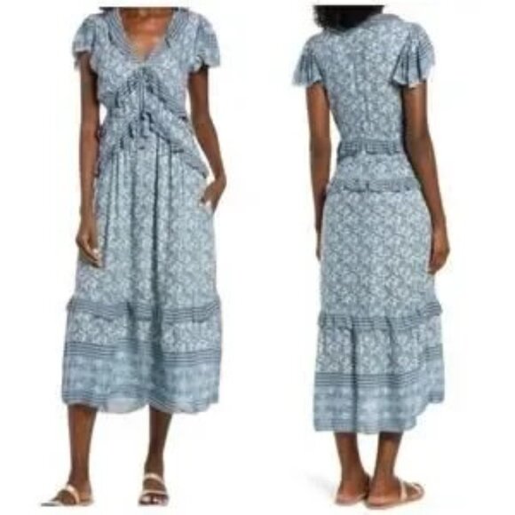 Faherty Bonita Floral Print Ruffle Tiered Dress Blue Flutter Sleeve -Size XL - Picture 2 of 9